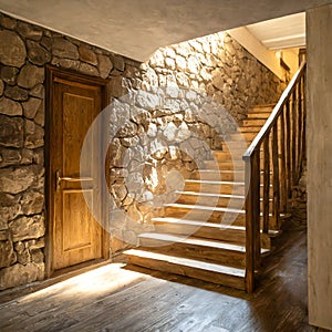 Wooden staircase and stone cladding wall in rustic hallway. Cozy home interior design of modern entrance hall with door