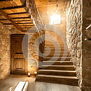 Wooden staircase and stone cladding wall in rustic hallway. Cozy home interior design of modern entrance hall with door