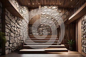 Wooden staircase and stone cladding wall in rustic hallway. Cozy home interior design of modern entrance hall Generated Ai