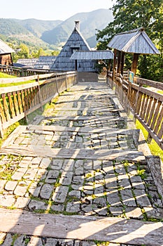 Wooden stairs and fence in Kusturica Drvengrad in Serbia