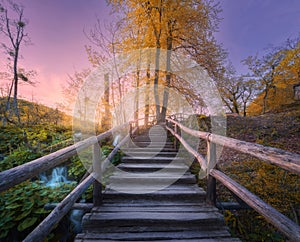 Wooden stairs in forest at sunset in autumn. Plitvice Lakes