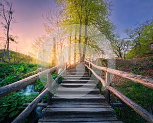 Wooden stairs in forest at sunset in spring. Plitvice Lakes