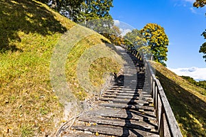 Wooden stairs going up on the hill and forest