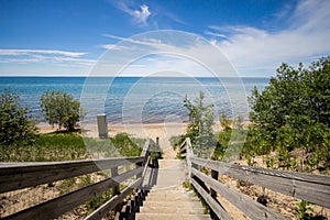 Wooden Stairs Lead To A Lake Michigan Beach