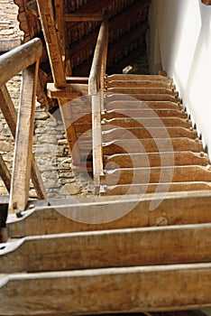 Wooden stairs leading to fortified church, Mosna, Romania