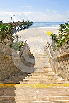 Wooden stairs leading to the ocean.