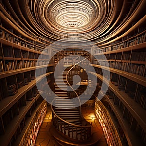 Wooden stairs in library. Library interior architecture. generative ai