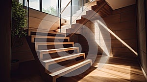 Wooden stairs in a modern house with daylight and shadows on the wall