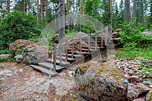 Wooden stairs on nature hiking trail in forest, Finland.