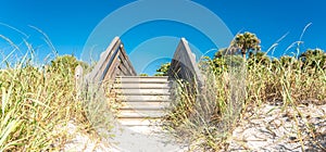 Wooden stairs over sand dune and grass at the beach in Florida USA