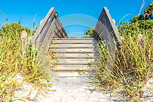 Wooden stairs over sand dune and grass at the beach in Florida USA