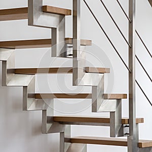 Wooden stairs with silver railing, close-up