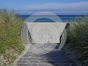 Wooden stairs to the beach between the dunes