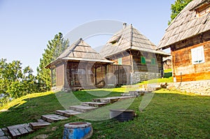 Wooden stairs to the wooden houses in Drvengrad Kusturica, Serbia