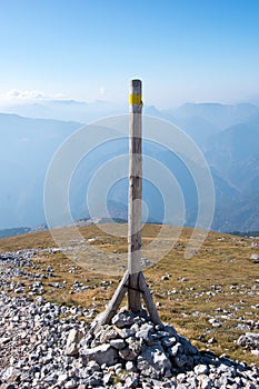 A wooden stake with alpine scenery, Puchberg am Schneeberg, Austria