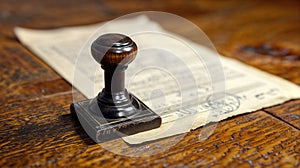 Wooden stamp on a vintage commission agreement on a desk