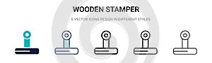 Wooden stamper icon in filled, thin line, outline and stroke style. Vector illustration of two colored and black wooden stamper