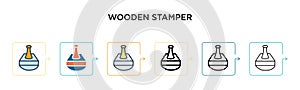 Wooden stamper vector icon in 6 different modern styles. Black, two colored wooden stamper icons designed in filled, outline, line