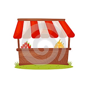 Wooden stand with organic farm food, apples and pears. Market stall with striped awning. Cartoon vector design