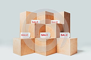wooden stands with sale signs on white, summer