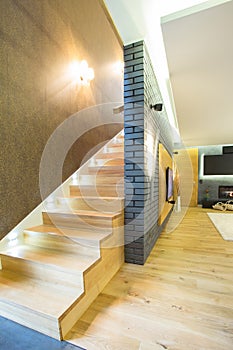 Wooden staricase inside designed apartment