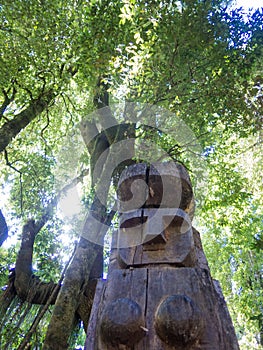 Wooden statue, in the middle of the Huilo Huilo Biological Reserve, regressing animals and Mapuche mystical characters from photo