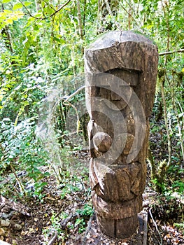 Wooden statue, in the middle of the Huilo Huilo Biological Reserve, regressing animals and Mapuche mystical characters from photo