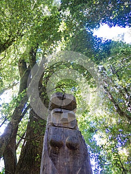 Wooden statue, in the middle of the Huilo Huilo Biological Reserve, regressing animals and Mapuche mystical characters from photo