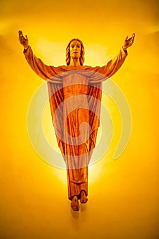 A wooden statue of the resurrected Jesus Christ in the Catholic Basilica of Don Bosco in Colle Don Bosco, Italy.