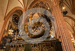 Wooden statue of St George and Dragon in Stockholm