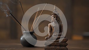 Wooden statuette of Buddha incense sticks at workplace. Abstract picture of a modern office in oriental style, selective