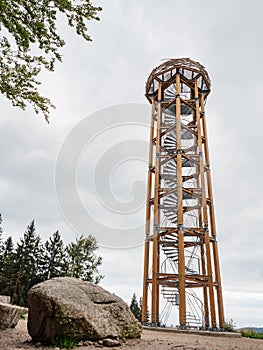 Wooden and steel  lookout tower called Svetly Vrch. Hiking at Albrechtice