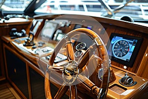 Wooden steering wheel in the captain cabin of modern yacht. Generative AI