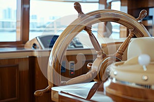 Wooden steering wheel in the captain cabin of modern yacht. Generative AI