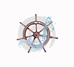 Wooden steering wheel isolated against a white background