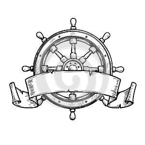 Wooden steering wheel with ribbon. Hand drawn ship helm sketch. Sea adventure, cruise and pirate drawing.