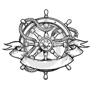 Wooden steering wheel with rope and ribbon. Hand drawn ship helm sketch. Sea adventure, cruise and pirate drawing.