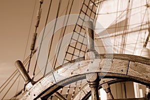 Wooden steering wheel of a sailing ship