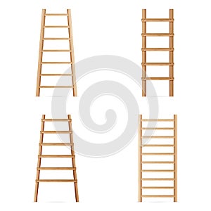 Wooden Step Ladder. Vector Set Of Various Ladders. Classic Staircase Isolated On White Background. Realistic Illustration.