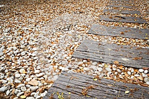 Wooden step walkway on rock.