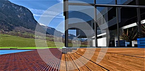 Wooden steps of the porch. Amazing glass facade in front of the picturesque mountains landscape. Red brick tile pavement. 3d