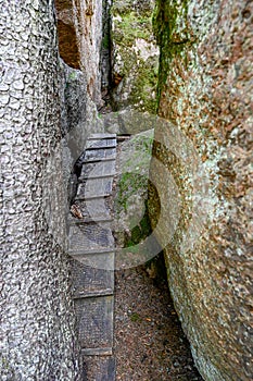 wooden steps on trail between big rocks