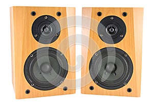 Wooden stereo speakers on white