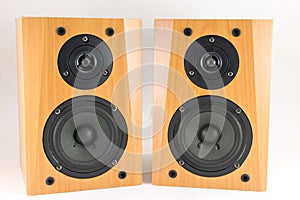 Wooden stereo speakers on white