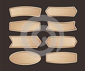 Wooden stickers label collection. Set of various shapes wood sign boards for sale price and discount stickers, banners,