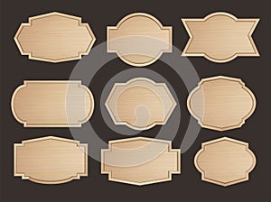 Wooden stickers label collection. Set of various shapes wood sign boards for sale price and discount stickers