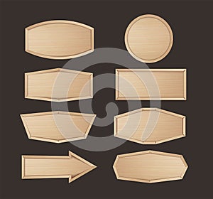 Wooden stickers label collection. Set of various shapes wood sign boards for sale price and discount stickers, banners,