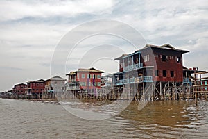 Wooden stilt houses at Inle lake