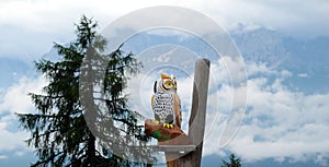 wooden stone owl on tree in mountains with clouds