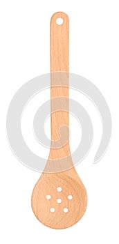 Wooden straining spoon skimmer isolated